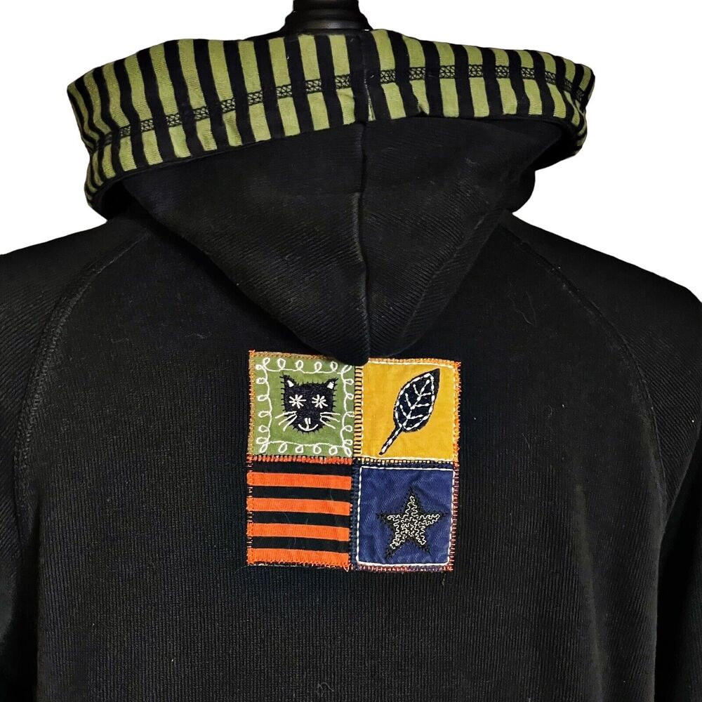 Onque Cat Lovers Full Zip Black Hoodie‎ Jacket Sz L Womens Embroidered Appliqué